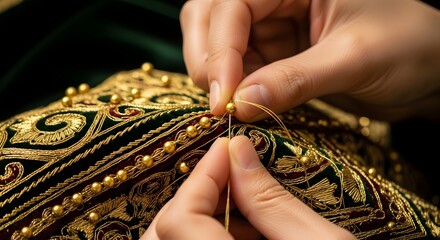 Macro detail of a Bahraini girl’s fingers weaving a golden Sadu thread on a traditional back-strap loom. Shallow depth of field highlights intricate Bedouin craftsmanship.