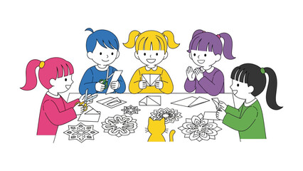 Creative Minds at Play: A group of enthusiastic children engrossed in the delightful world of arts and crafts, displaying their creativity through a spectrum of crafts.