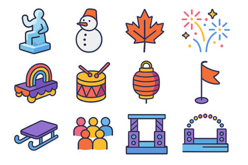 Festival Icon Set. Festival Highlights flat icons set. ice sculpture, snowman, maple leaf, fireworks, parade float, drum, lantern, sled, flag, crowd, stage, sparkle