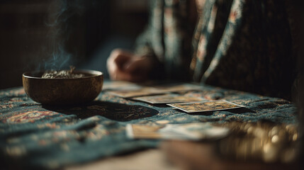 Tarot reader with gold-ornamented table and incense