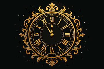 Golden Clock Countdown. Golden clock with its hands nearing midnight, symbolizing the countdown to the New Year. The clock is intricately designed with elegant. Vector illustration