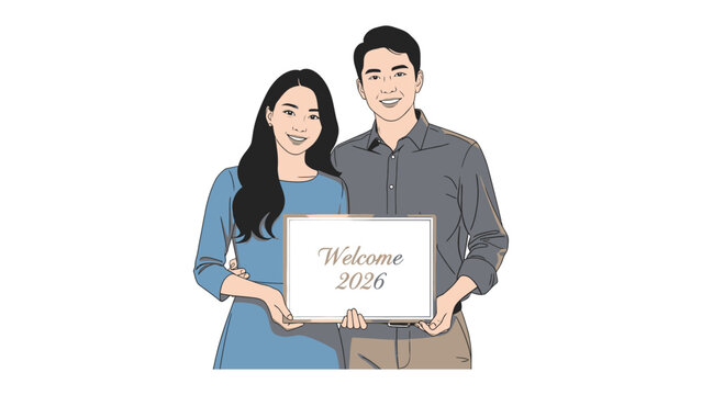 Welcome to 2026: A smiling couple welcomes the future, holding a sign displaying Welcome 2026, embodying the spirit of hope and optimism for the upcoming year.
