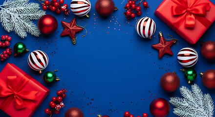 Festive christmas decorations framing a royal blue background