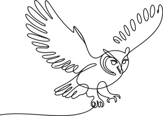 Continuous line art illustration of handmade contour forming an owl in motion with open wings