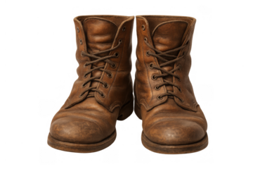 Vintage brown leather work boots, old worn footwear ready for adventure, standing on transparent background