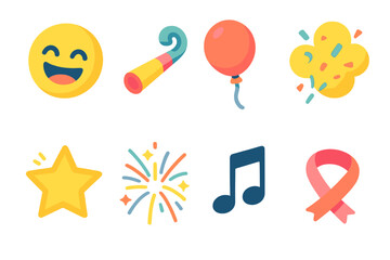 Cheerful Icon Set. Cheerful Fun Icons flat icons set. laughter face, party horn, balloon, confetti cloud, star glow, fireworks spark, music, ribbon