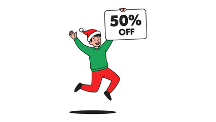 Holiday Sale Celebration: A cheerful figure joyfully leaps, holding a sign announcing a festive discount.