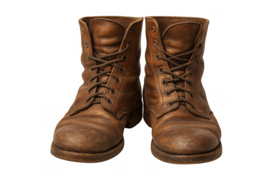 Vintage brown leather work boots, old worn footwear ready for adventure, standing on transparent background