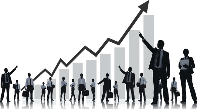 Diverse group of business professionals celebrating upward trend on growth chart