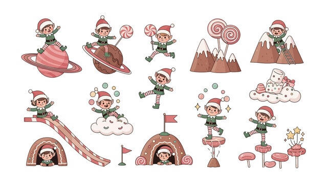 Whimsical Elf Delights: A collection of playful illustrations showcasing adorable elves, each engaging in delightful activities and adventures, painted with a whimsical, joyful.