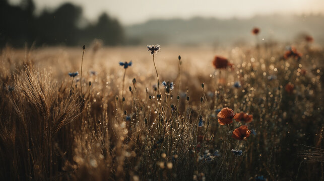 Golden wheat with cornflowers and poppies at dawn