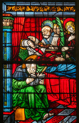 Fototapeta premium Stained glass (16th century) of Dormition of the Virgin Mary.