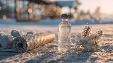 A rolled yoga mat sits in the snow next to dumbbells, a water bottle, and a frosted evergreen sprig. Golden sunlight shines on the outdoor scene