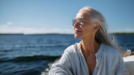 Mature woman embraces the joy of life while sailing on a sunny day with clear blue skies