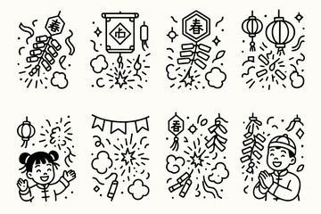 Naklejka premium Festive Firecracker Celebration. Chinese New Year Firecrackers linear icon set. bursting crackers, smoke clouds, golden light, red ribbons, festive banners, lanterns around, happy