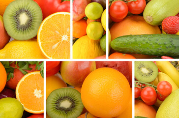 Assorted Fresh Fruits and Vegetables Collage Background