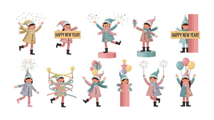 New Year's Celebration: Festive illustrations capture the joyous spirit of a new year, with whimsical scenes of children embracing the festivities.