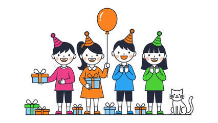 Joyful Birthday Gathering: Four children, filled with excitement, share gifts, wear festive party hats, and smile, surrounded by colorful presents and an orange balloon.