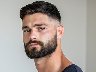 Obraz premium A stylish young Caucasian man with a well-groomed beard poses confidently, showcasing a modern haircut.