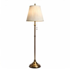 Tall, brass floor lamp with a pleated, ivory shade