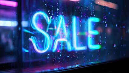 Vibrant Neon Sale Sign Through Wet Window
