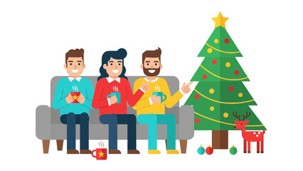 Festive Gathering: A warm holiday scene, showcasing friends united around a beautifully adorned Christmas tree, embracing the spirit of the season. 