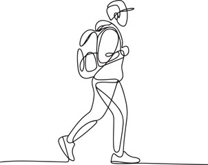 Continuous line art illustration of handmade contour forming a person walking with a backpack