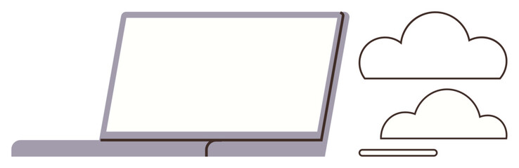 Obraz premium Open laptop alongside two cloud icons implying cloud computing, web services, or data synchronization. Ideal for technology, innovation, remote work, data security, connectivity, backup simple flat
