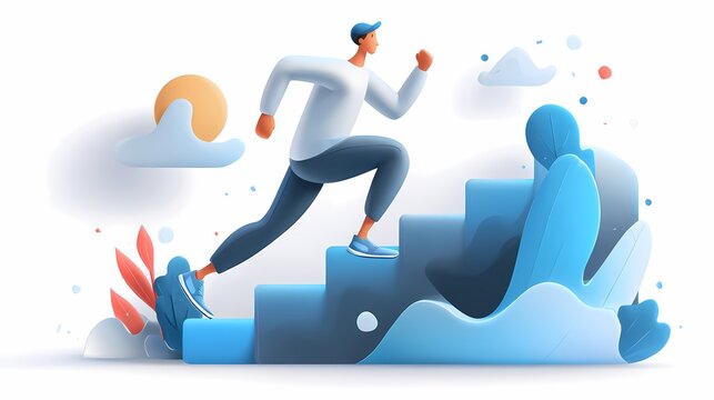 A stylized illustration of a person running up stairs, surrounded by abstract shapes and clouds, symbolizing progress and motivation.