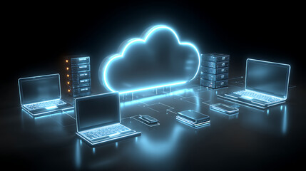 Futuristic glowing cloud network connecting digital devices and servers cloud computing technology