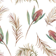 Jungle summer print. Watercolor seamless pattern with palm leaves and protea on white background. Hand drawn illustration