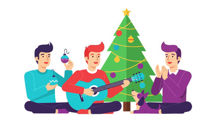 Festive Melody: A joyful gathering surrounds a decorated Christmas tree, with one playing guitar while others sing along. Capturing the spirit of togetherness, harmony, and yuletide charm.
