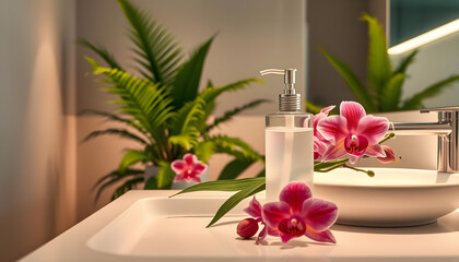 A sink with a white bowl and a bottle of hand soap next to it