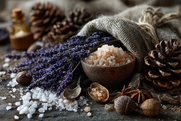 Flat lay of Dried Lavender with Pinecones and Winter Salt