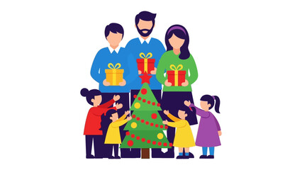 Family Christmas Joy: A vibrant depiction of a family gathered around a beautifully decorated Christmas tree, with gifts in hand, ready to celebrate the festive season. Evokes feelings of warmth.