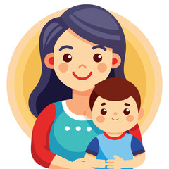 Obraz premium Joyful mother and son embrace in a warm loving illustration with a soft yellow background