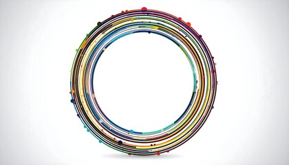 Circular lines swirl with colorful dots on a white background, creating a vibrant, abstract design