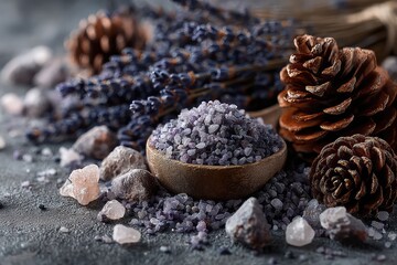 Flat lay of Dried Lavender with Pinecones and Winter Salt