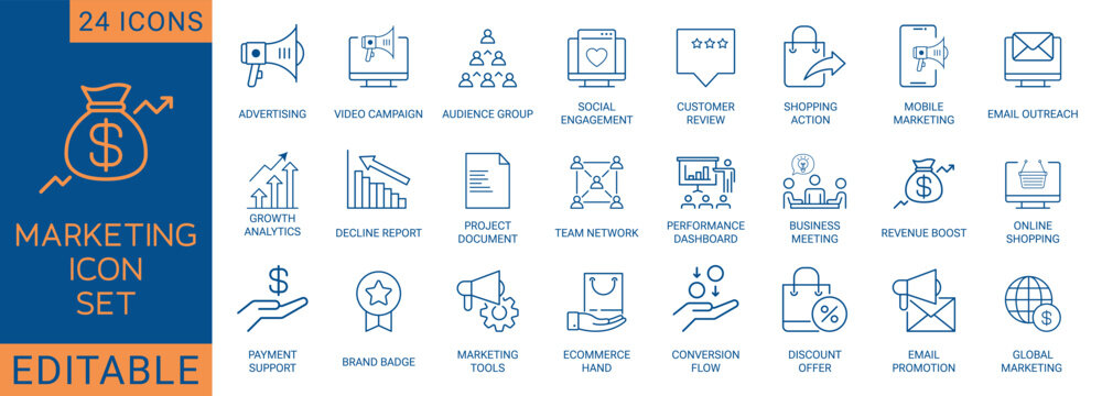 This 24-piece e-commerce line icon set includes essential symbols for online shopping, retail stores, mobile apps, and digital businesses. Icons include shopping cart, payment, sale, discount.