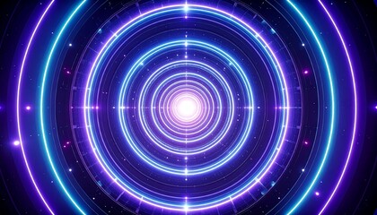 Circular neon pattern of concentric rings in purple and blue, radiating towards a bright white light at the center
