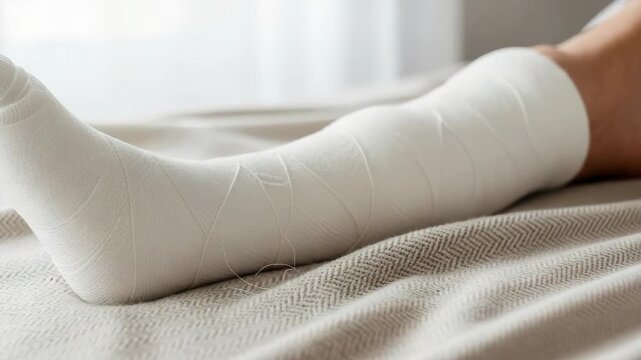 Leg cast on bed presents a medical injury, featuring a broken limb covered in plaster bandage. Leg cast provides necessary support for healing bone fractures