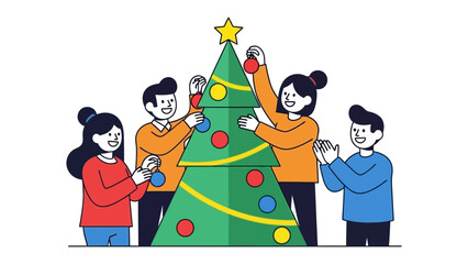 Joyful Ornamenting: A cheerful group gathers around a vibrant Christmas tree, adorning it with colorful ornaments and a radiant star, embodying the spirit of festive preparation and togetherness.