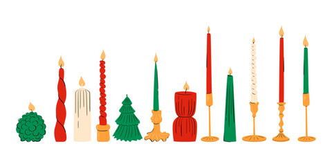 Elegant holiday candle collection. Festive taper candles and Christmas decorative candles. A large, cozy candle collection. Home decor items.