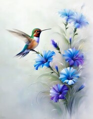 Heavenly Hummingbird &ndash; AI watercolor-style artwork of a pastel hummingbird among colorful blooms, ideal for canvas or paper prints.