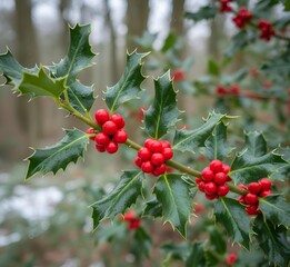 Branche de houx dans une for&ecirc;t en hiver