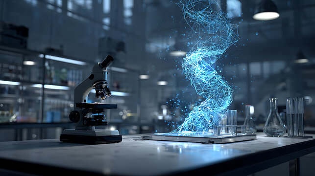 Futuristic laboratory with microscope and glowing D N A helix science