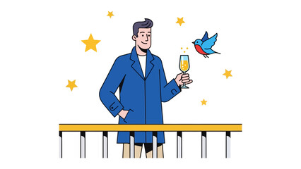 Celebratory Toast: A gentleman, basking in the joy of the moment, extends a champagne flute for a celebratory toast, accompanied by a spirited bird and starry embellishments.