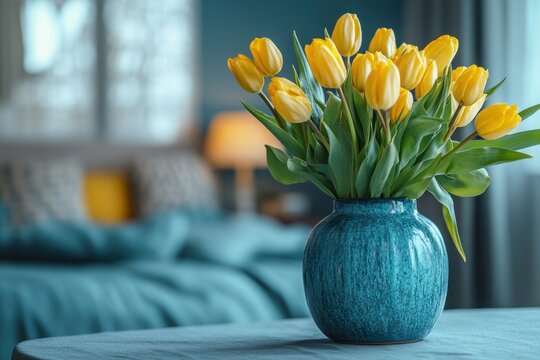 Yellow tulips in blue vase. Bouquet of flowers on a blue sofa in the living room.