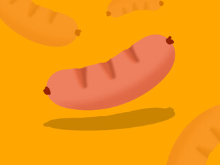 Simple sausage illustration floating against a bright yellow background. Perfect for food-related designs, playful graphics, and culinary-themed content.