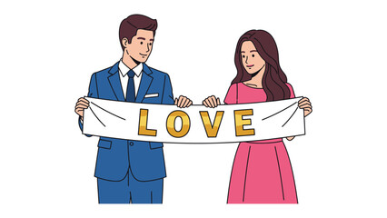 Harmony and Promise: A couple standing side-by-side, holding a banner emblazoned with the word LOVE, symbolizing the beginning of a shared journey. Expressing love, hope, and togetherness.